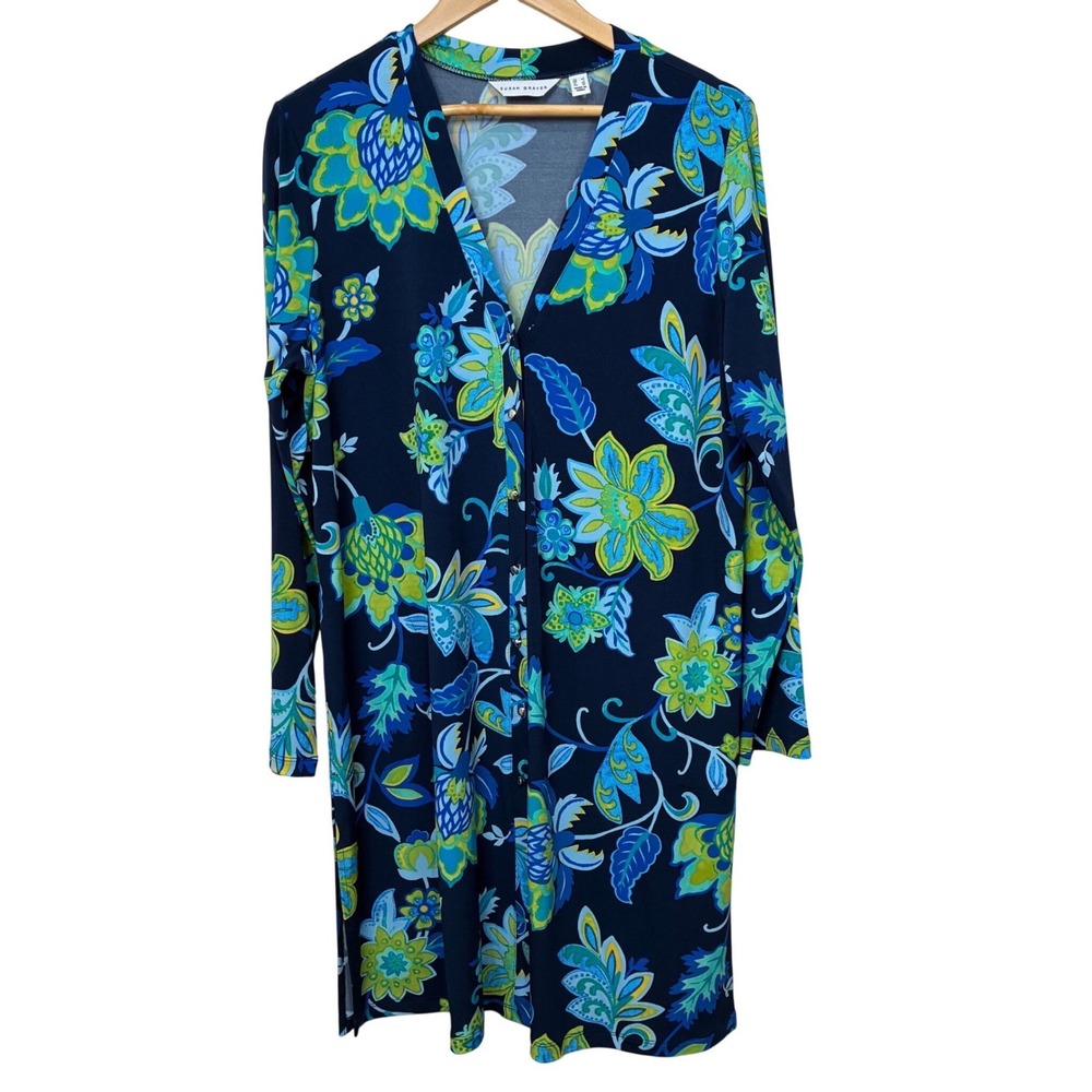 Susan Graver Liquid Knit Navy Blue Floral Dress Button Front V Neck Tunic L